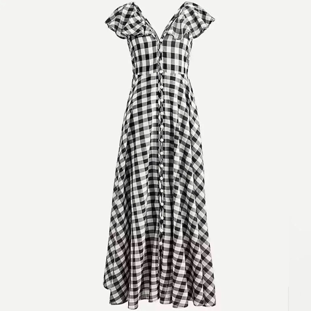 NWT J. Crew Button Up Ruffle Gingham Dress Maxi SZ Small